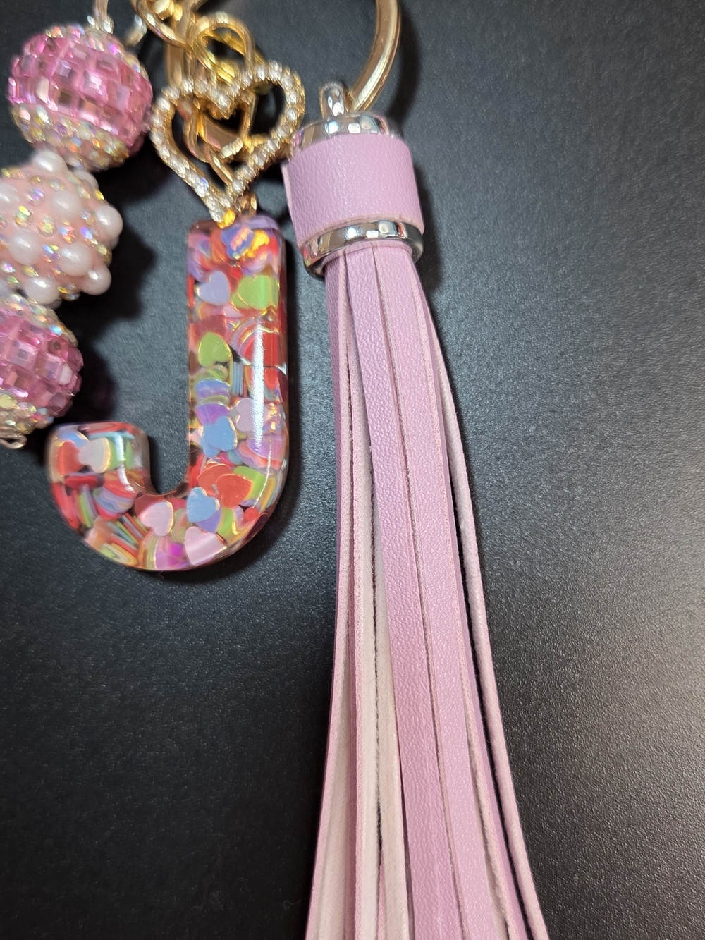 Personalized Handmade 'J' Tassel Keychain Charm with Sparkly Beads in Pink - Picture 5 of 12